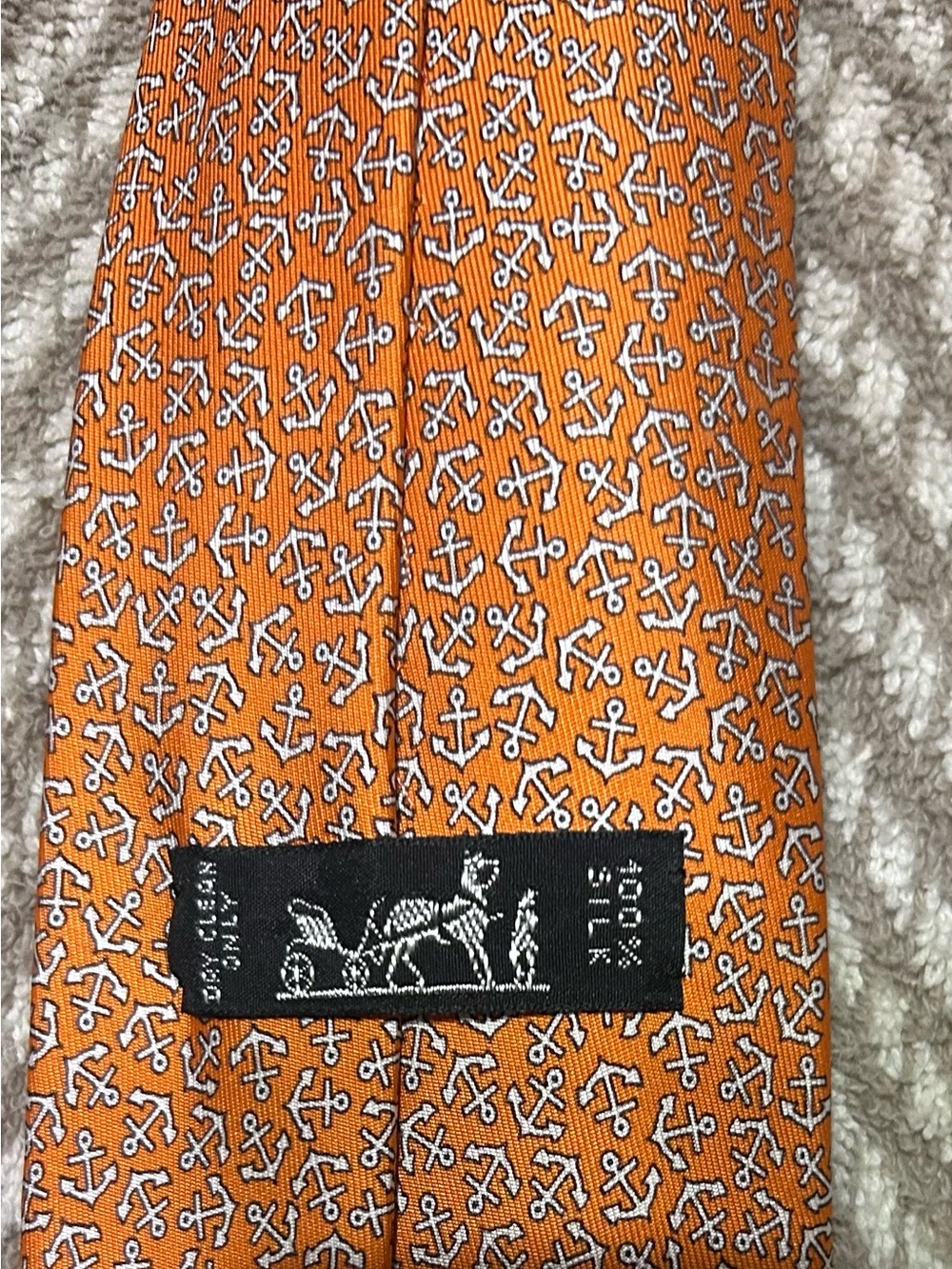 Hermes Orange Silk Tie with White Anchor Motif
